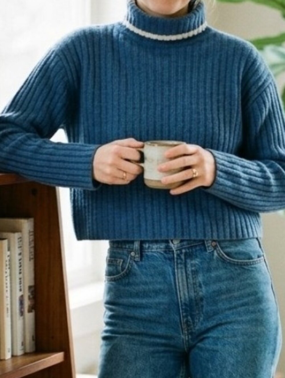 Classic  Blue Ribbed Turtleneck Sweater with Cream Trim   Country Road